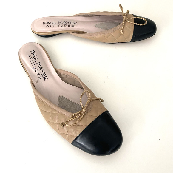 Paul Mayer Attitudes Quilted Mule Flat Slip On Nude Beige Black Cap Toe Round 11 - Picture 6 of 9
